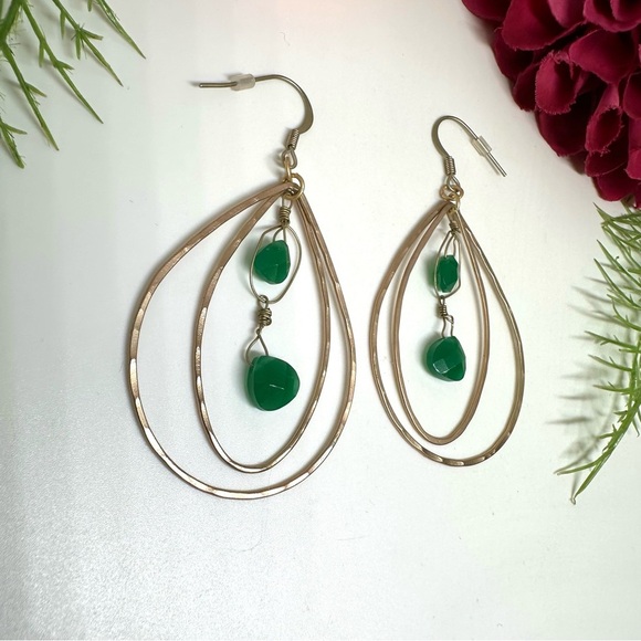 Last Pair!⚜️Emerald Green Crystal Brushed Gold Hoop Earrings - Picture 3 of 4